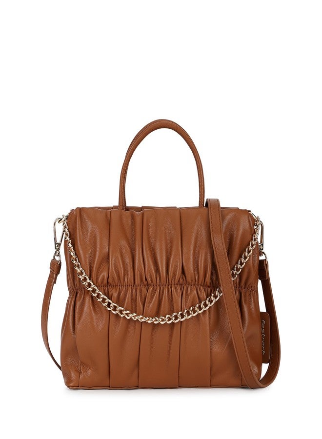 Fastrack Ruched Faux Leather Satchel Bag for Women | Structured Handbag with Detachable Chain Strap, Zippered Compartment and Inner Pockets | Elegant Convertible Bag for Casual and Wear - Image 1